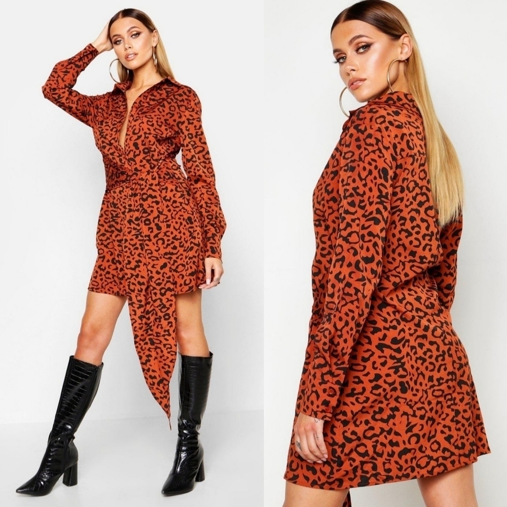 LEOPARD PRINT TIE FRONT SHIRT DRESS